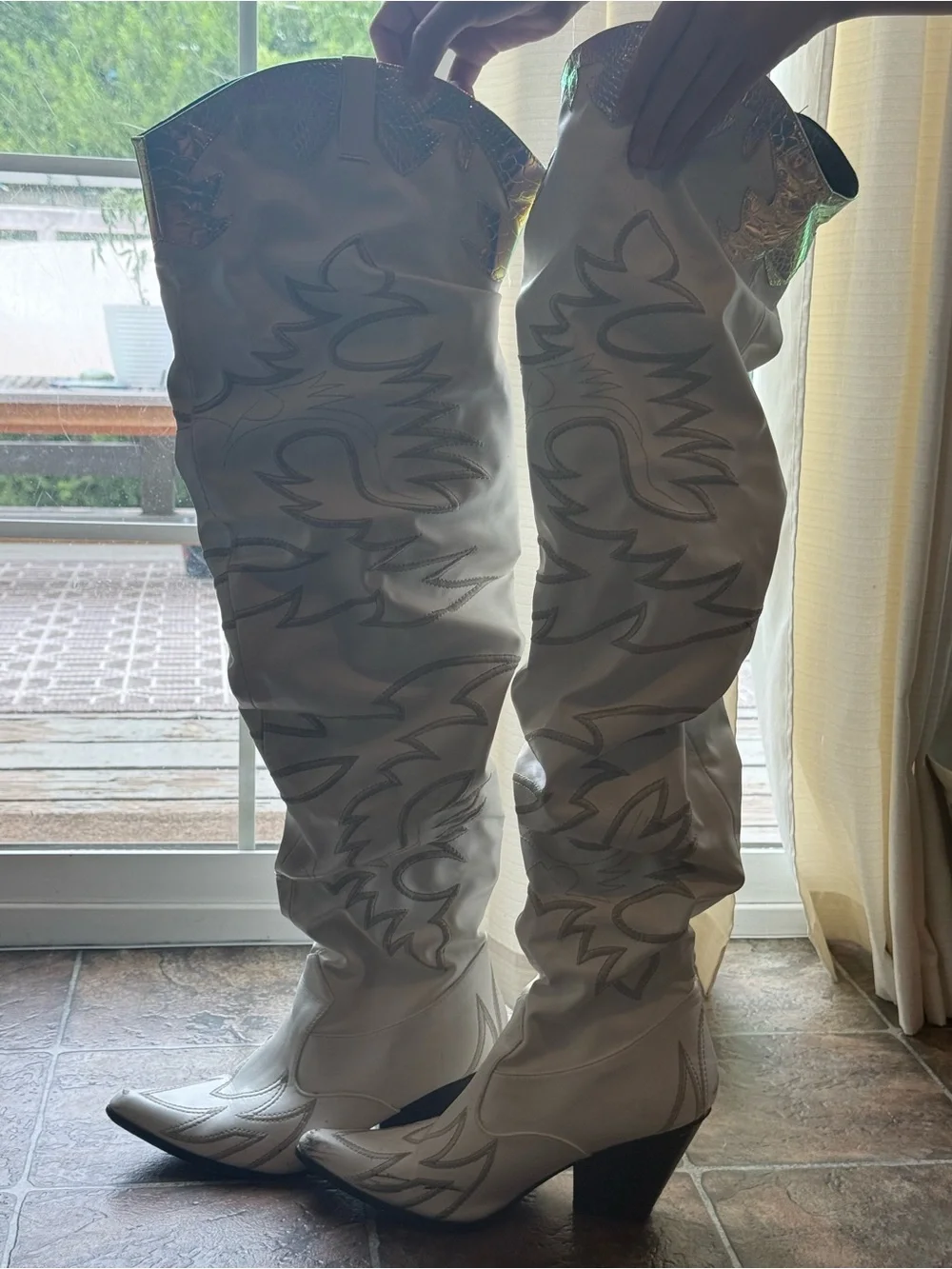 Dolls Kill White Over-the-Knee Western Boots with Iridescent Trim